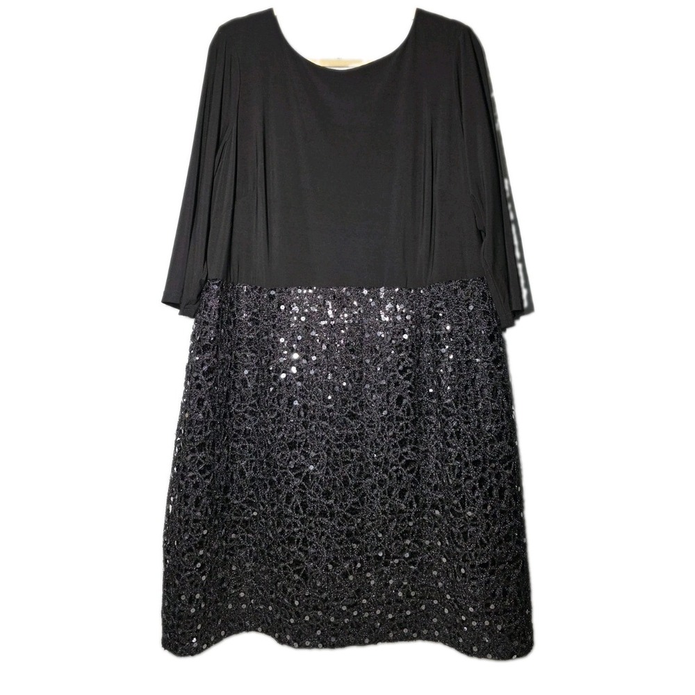Adrianna Papell Black Sequin Cocktail Dress 3/4 Sleeve Sheath Size 18 Evening